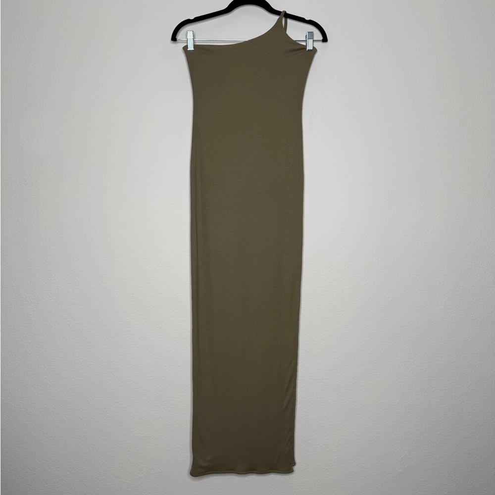 Leisure Lab Los Angeles One Shoulder Ribbed Knit Maxi Dress Side Slit Size S